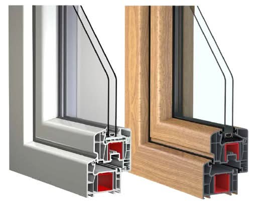 uPVC window profile cross-section in white and wood finishes